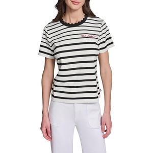 image:imageKarl Lagerfeld Womens Stripes Black and White Scallop Neck Trim BlouseSoft WhiteBlack