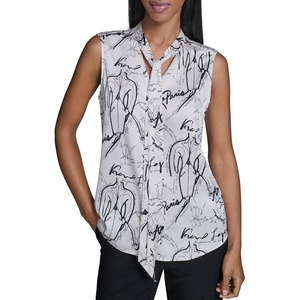 image:imageKarl Lagerfeld Womens Tie Neck Sleeveless Printed BlouseBisqueBlack