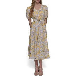 image:imageKarl Lagerfeld Womens V Neck Puff Sleeve Midi DressFreesia Yellow Multi