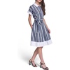 image:imageKarl Lagerfeld Womens Short Sleeve Collar Melange Stripe Shirt Dress Sash Belt DressMaritimeSoft White
