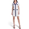image:imageKarl Lagerfeld Womens Short Sleeve V Neck Scuba Crepe Aline Contrast Framing DressSoft WhiteMaritime