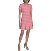 image:imageKarl Lagerfeld Womens Tweed Short Sleeve Round Neck Shift Mini DressHot PinkSoft White