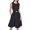image:imageKarl Lagerfeld Womens Sleeveless Crew Neck Flower Belt Floral Stretch Jacquard Aline DressBlack