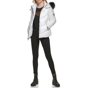 image:imageKARL LAGERFELD Womens Faux Fur Trim Hooded Down Short Puffer JacketFaux Fur Trim White