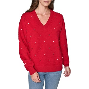 image:imageKARL LAGERFELD Womens Long Sleeve Vneck Crystal Detail SweaterAdmiral Red