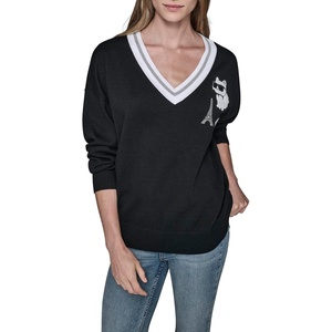 image:imageKARL LAGERFELD Womens Long Sleeve Vneck Whimsy Patches SweaterBlackSoft White