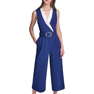 image:imageKARL LAGERFELD Womens Sleeveless Knotched Collar Scuba Crepe Belted JumpsuitMaritimeSoft White