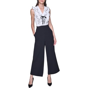 image:imageKARL LAGERFELD Womens Sleeveless Ruffle Collar Vneck Silky Scuba Crepe JumpsuitBlack Soft White