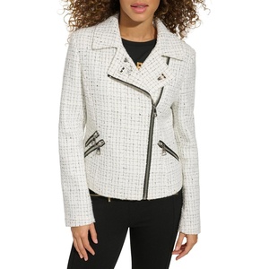 image:imageKARL LAGERFELD Womens Tweed Moto Jacket With Logo PinsWhiteMulti
