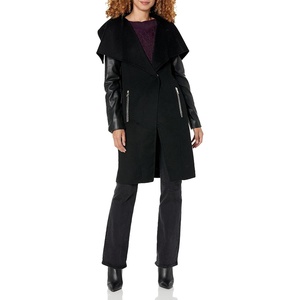 image:imageKARL LAGERFELD womens Legacy Military Long Wool CoatFaux Leather Black