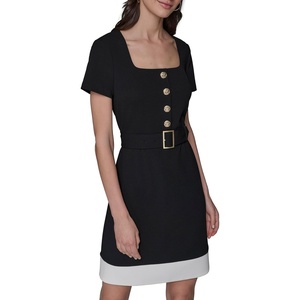 image:imageKarl Lagerfeld Womens Belted Buttons Down Front Scuba Crepe DressBlack  Soft White
