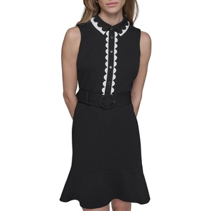 image:imageKarl Lagerfeld Womens Belted Sleeveless Scallop Trim Collared Aline Mini DressBlackSoft White