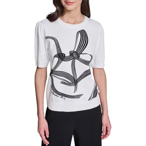image:imageKarl Lagerfeld Womens Bow Details Short Sleeve Black and White SweaterSoft White