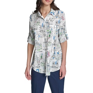 image:imageKarl Lagerfeld Womens Long Sleeve Collared Neck All Over Print Button DownSoft White Multi