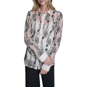 image:imageKarl Lagerfeld Womens Long Sleeve Collared Whimsical All Over Floral Lace Button DownBisqueBlack
