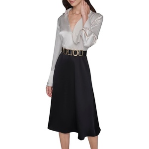 image:imageKarl Lagerfeld Womens Long Sleeve Crinkle Poly Satin Novelty Belt Midi Shirt DressBirchBlack