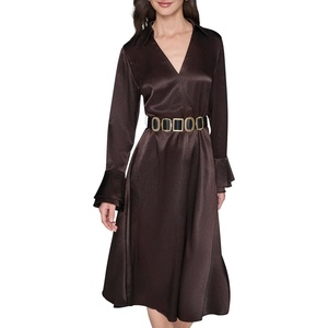 image:imageKarl Lagerfeld Womens Long Sleeve Crinkle Poly Satin Novelty Belt Midi Shirt DressEspresso