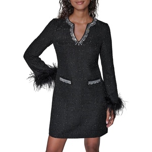 image:imageKarl Lagerfeld Womens Long Sleeve Embellished Collar Feather Trim DressBlack