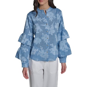 image:imageKarl Lagerfeld Womens Long Sleeve VNeck Floral Denim BlouseMedium Wash