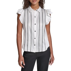 image:imageKarl Lagerfeld Womens Piping Ruffle Sleeve Collared Neck BlouseSoft White