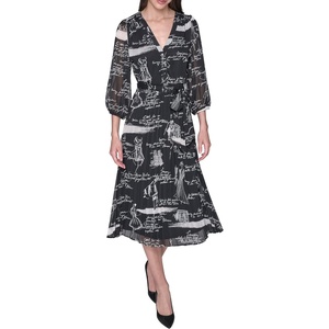 image:imageKarl Lagerfeld Womens Printed Crinkle Chiffon Tie Waist Aline Maxi DressBlackBirch Combo