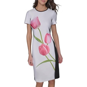 image:imageKarl Lagerfeld Womens Printed Short Sleeve Contrasting Sheath DressSoft White Pink Sherbet Combo