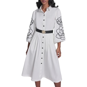 image:imageKarl Lagerfeld Womens Puff Sleeve Dress with Floral Sleeve Embroidery and Rosette BeltSoft White