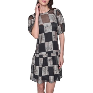 image:imageKarl Lagerfeld Womens Puff Sleeve Graphic Burnout Aline DressBlackBirch Multi