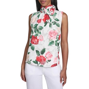image:imageKarl Lagerfeld Womens Rosette Chiffon Clip Bright Floral Sleeveless BlouseSoft White Multi