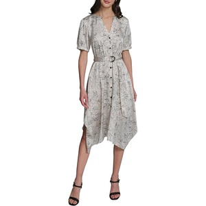 image:imageKarl Lagerfeld Womens Short Puffed Sleeve VNeck Hanky Hem Belted Midi DressBisqueBlack