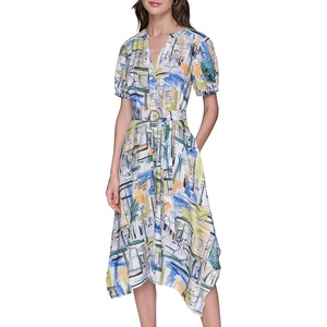 image:imageKarl Lagerfeld Womens Short Puffed Sleeve VNeck Hanky Hem Belted Midi DressPalace BlueCitrus Green Multi
