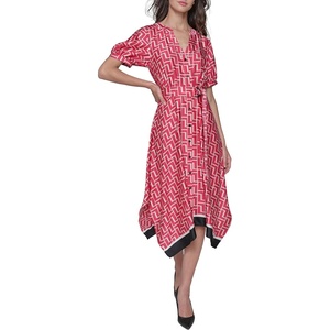 image:imageKarl Lagerfeld Womens Short Puffed Sleeve VNeck Hanky Hem Belted Midi DressTeaberry Combo