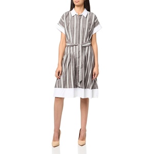 image:imageKarl Lagerfeld Womens Short Sleeve Collar Melange Stripe Shirt Dress Sash Belt DressEarthy BrownSoft White