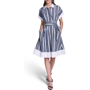 image:imageKarl Lagerfeld Womens Short Sleeve Collar Melange Stripe Shirt Dress Sash Belt DressMaritimeSoft White