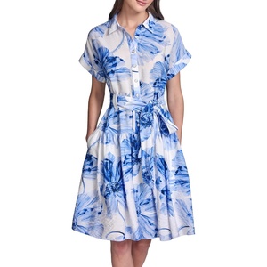 image:imageKarl Lagerfeld Womens Short Sleeve Collar Printed Ecovero Shirt Dress Sash Belt DressPorcelain Blue Multi