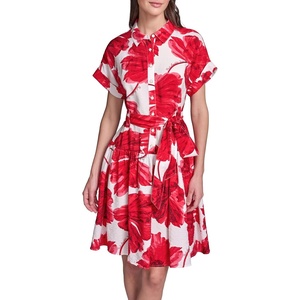 image:imageKarl Lagerfeld Womens Short Sleeve Collar Printed Ecovero Shirt Dress Sash Belt DressTomato Multi