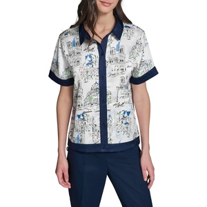 image:imageKarl Lagerfeld Womens Short Sleeve Collared Neck All Over Print Camp ShirtNaval AcademySoft White Multi
