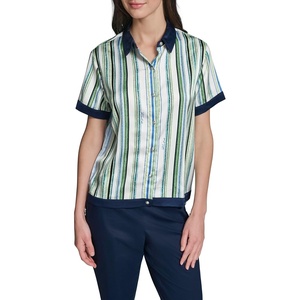 image:imageKarl Lagerfeld Womens Short Sleeve Collared Neck Striped Camp ShirtSoft WhiteSky Blue Multi
