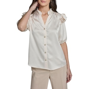 image:imageKarl Lagerfeld Womens Short Sleeve Crew Neck Button Down Ruffle Sleeve BlouseBisque
