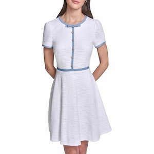 image:imageKarl Lagerfeld Womens Short Sleeve Crew Neck Knit Tweed Contrast Framing Aline DressSoft WhiteLight Blue Multi