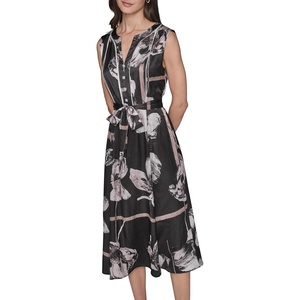 image:imageKarl Lagerfeld Womens Short Sleeve Crinkle Poly Satin Tie Waist Midi DressBlackVicuna ComboBirch