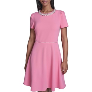 image:imageKarl Lagerfeld Womens Short Sleeve Embellished Neckline Scuba Crepe Fit amp Flare DressPink Sherbet
