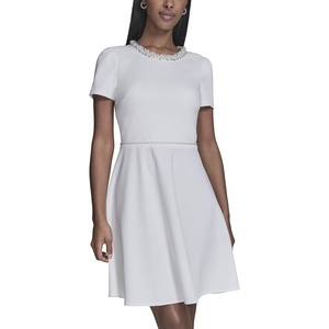 image:imageKarl Lagerfeld Womens Short Sleeve Embellished Neckline Scuba Crepe Fit amp Flare DressSoft White