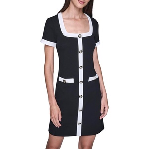 image:imageKarl Lagerfeld Womens Short Sleeve Square Neck Contrast Trim Button Front Mini DressBlackSoft White