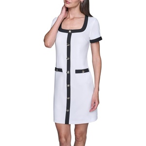 image:imageKarl Lagerfeld Womens Short Sleeve Square Neck Contrast Trim Button Front Mini DressSoft WhiteBlack