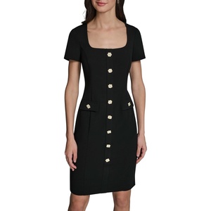 image:imageKarl Lagerfeld Womens Short Sleeve Square Neck Scuba Crepe Flower Buttons Faux Pockets DressBlack