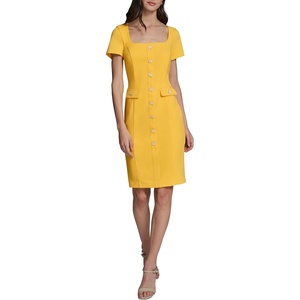 image:imageKarl Lagerfeld Womens Short Sleeve Square Neck Scuba Crepe Flower Buttons Faux Pockets DressLemon Chrome