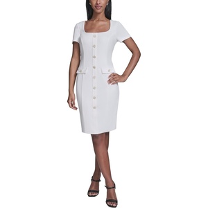 image:imageKarl Lagerfeld Womens Short Sleeve Square Neck Scuba Crepe Flower Buttons Faux Pockets DressSoft White