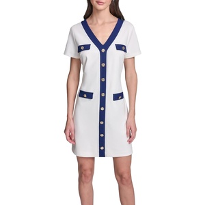image:imageKarl Lagerfeld Womens Short Sleeve V Neck Scuba Crepe Aline Contrast Framing DressSoft WhiteMaritime