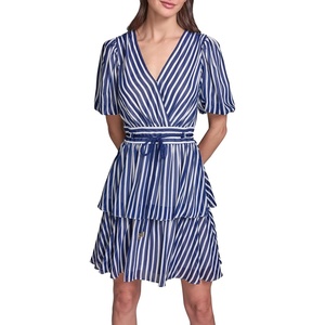 image:imageKarl Lagerfeld Womens Short Sleeve V Neck Stripe Chiffon Fit and Flare Rope Belt DressMaritimeSoft White